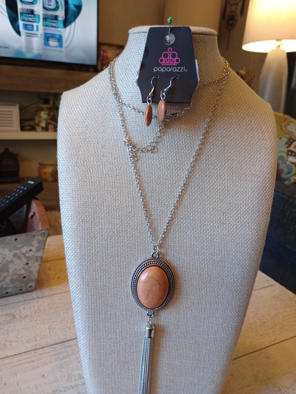 paparazzi Peach Oval Stone Tassel Necklace and Earrings